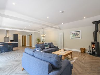 An open living room with blue sofas a wooden coffee table and a wood-burning stove at The Piglets in Newbourne Near Woodbridge
