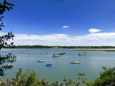A view of a river with boats anchored on the water and greenery on the shore at The Piglets in Newbourne Near Woodbridge
