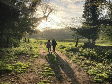 Two children walking on a dirt path surrounded by trees and grass with the sun shining through at The Piglets in Newbourne Near Woodbridge