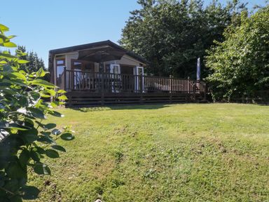 An outdoor view of a cabin with a wooden deck and patio umbrella surrounded by grass and trees at The Hide Out in Aldeburgh