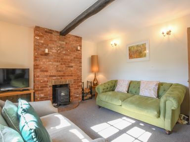 A living room with a green sofa, a beige armchair, a brick fireplace, a television, and a floor lamp at Chapel Cottage Newbourne Near Woodbridge