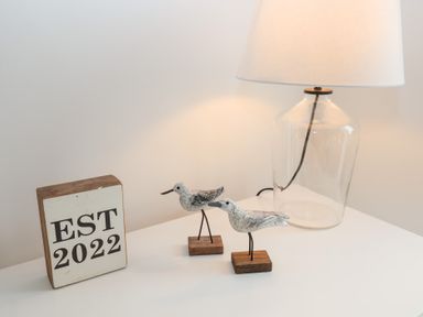 A table with birds, lamp and a block with EST 2022 at Salt Marsh House, Southwold