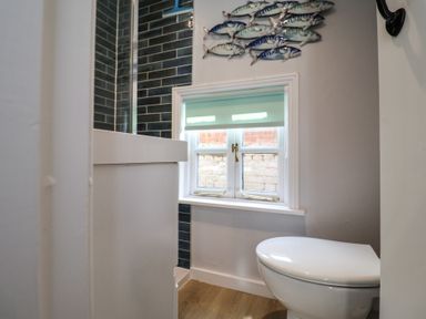 A bathroom with a white toilet wooden floor a window with a green blind and fish decorations on the wall at 17 South Green Southwold