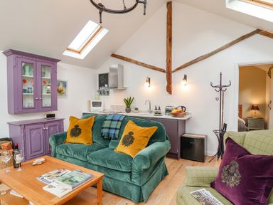 A living area with green and purple couches, a purple cabinet, a wooden coffee table, and a kitchen counter at The Bothy at Snape Hall in Snape Suffolk