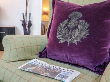 A green plaid armchair with a purple cushion and a newspaper at The Bothy at Snape Hall in Snape Suffolk
