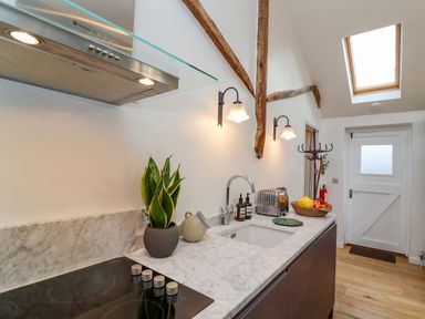 A kitchen countertop with a sink plant toaster and fruit bowl under sloped ceiling at The Bothy at Snape Hall in Snape Suffolk