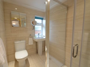 A bathroom with a toilet sink mirror and glass shower door at Garden Cottage Southwold