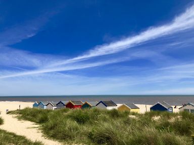 A sandy beach with grassy dunes and colorful beach huts by the sea at St Marys View Southwold