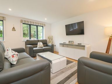 A living room with grey leather sofas a white coffee table a striped rug a wall-mounted television and windows at Bluebell Retreat in Lostwithiel