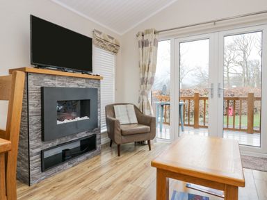 A living room with a fireplace a TV armchair wooden table and glass doors leading outside at 8 Woodlands Water Yeat Coniston Water