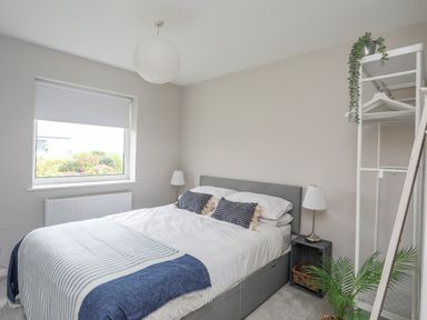 A bedroom with a bed two bedside lamps a window and a clothes rack with plants at Watlands in Mynytho near Abersoch