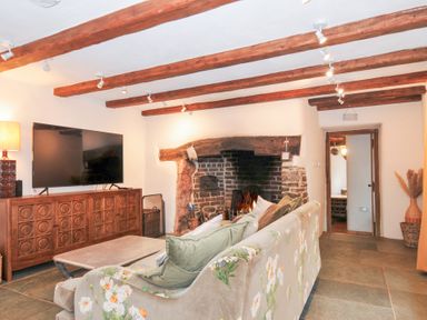 A living room with a television and a fireplace at Rose Cottage Okehampton