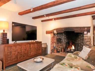 A living room with a fireplace and television at Rose Cottage in Okehampton