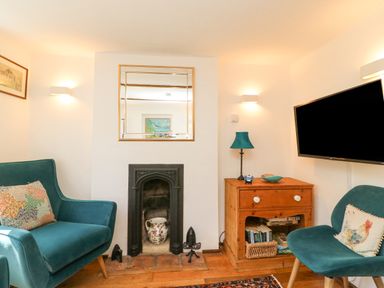 A living room with two teal chairs a wooden cabinet with books a fireplace and a wall-mounted television at Tiddlers Cottage Uploders near Bridport