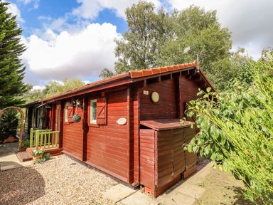 A red wooden cabin with small windows and green plants surrounding it at Lakeside Lodge Retreat in Tattershall