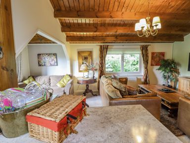 A living room with couches a coffee table and a basket on a countertop at Lakeside Lodge Retreat in Tattershall