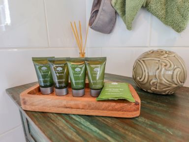 A wooden tray with small tubes of body wash shampoo conditioner body lotion and a soap bar on a green surface with a round decorative object and hanging towels in a bathroom at Lakeside Lodge Retreat in Tattershall