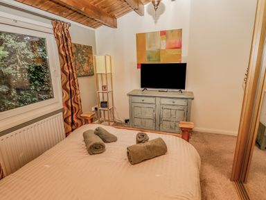 A bedroom with a bed with rolled towels a TV on a cabinet paintings and a window with curtains at Lakeside Lodge Retreat in Tattershall