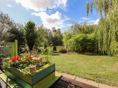 A garden with a green and blue planter filled with flowers on a wooden deck by a grassy lawn and trees at Lakeside Lodge Retreat in Tattershall