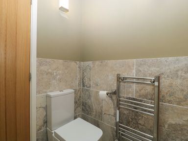 A small bathroom with a toilet a toilet paper holder and a heated towel rail at Bottom Lodge in Penhow