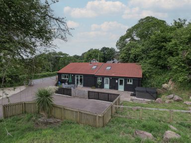 A single story house with a red tiled roof surrounded by trees and a fenced yard at Bottom Lodge in Penhow