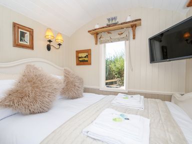 A bedroom with a white bed with beige pillows two framed pictures a window and a wall-mounted tv at Orchard Retreat East Worlington near Witheridge