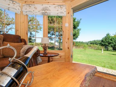 A living room with a brown sofa table lamp and a bottle of prosecco on a wooden table at Orchard Retreat in East Worlington near Witheridge