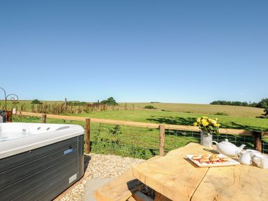 An outdoor area with a hot tub a wooden table with a teapot cups and scones overlooking a grassy field at Orchard Retreat in East Worlington near Witheridge