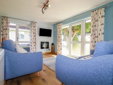 A living room with two blue armchairs a wall-mounted television and large windows with curtains at Woodside Rosecraddoc near St Cleer