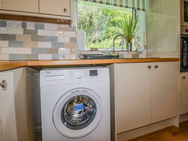 A kitchen with a washing machine under a wooden countertop and a window with plants and bird decorations at Woodside in Rosecraddoc near St Cleer