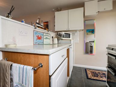 A kitchen countertop with towels on a rack a knife holder a microwave a mirror and a stove at Smugglers in Liskeard near St Cleer