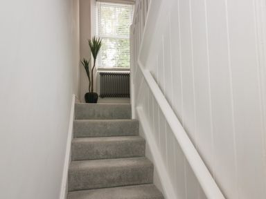 A carpeted staircase with white walls a handrail a window a radiator and a potted plant at Rose Cottage in Ambleside