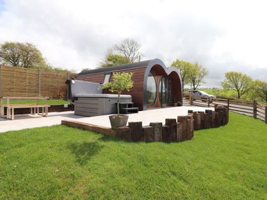 A yard with green grass a wooden patio with a hot tub a potted tree and a wooden pod building with round windows at Creuddyn in Llanfihangel-y-Creuddyn near Aberystwyth