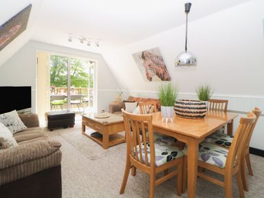 A living room with a wooden dining table and chairs a sofa a coffee table a television and a sliding glass door at 17 Valley Lodges in Gunnislake