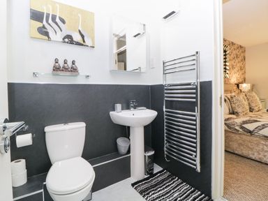 A bathroom with a toilet sink mirror towel rack and decorative items at 17 Valley Lodges in Gunnislake