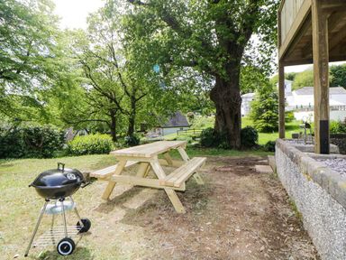 An outdoor area with a wooden picnic table, a charcoal barbecue grill, large trees, and a porch at 17 Valley Lodges in Gunnislake