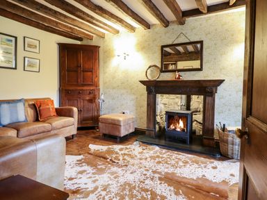A living room with a leather sofa a wooden cabinet a fireplace and a patterned rug at Gwengraig in Brithdir near Dolgellau