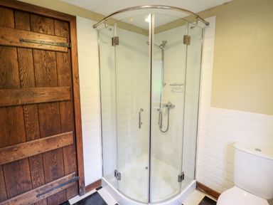 A bathroom with a glass shower enclosure wooden door and a toilet at Gwengraig in Brithdir near Dolgellau