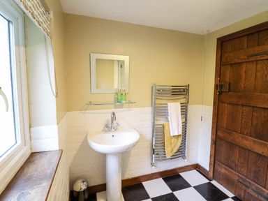 A bathroom with a pedestal sink mirror towel rack and wooden door at Gwengraig in Brithdir near Dolgellau