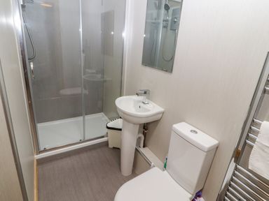 A bathroom with a toilet sink and a shower enclosure at Old School Muncaster House Ravenglass near Holmrook