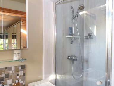 A bathroom shower area with a glass door and showerhead at Lower Gadles Burnthouse near Falmouth