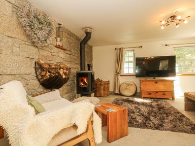 A living room with a wood burning stove and firewood on a stone wall at Lower Gadles Burnthouse near Falmouth