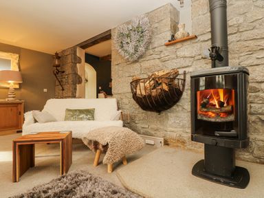 A living room with a stone wall wood burning stove and wood holder at Lower Gadles Burnthouse near Falmouth