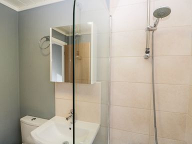 A bathroom with a toilet sink mirror cabinet and a shower at Wansfell Lodge Pony Meadow 36 White Cross Bay near Windermere