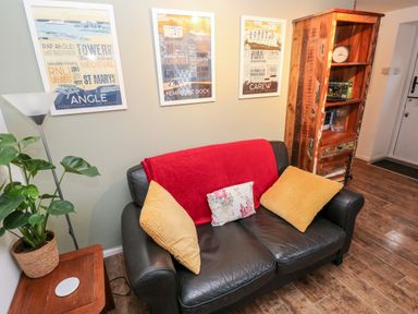 A black leather sofa with three cushions and a red throw blanket beside a wooden side table with a potted plant and a floor lamp and a wooden bookcase with books and a clock at The Coach House in St Florence