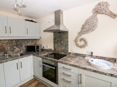 A kitchen with cabinets a sink a microwave an oven and a seahorse wall decoration at The Coach House in St Florence