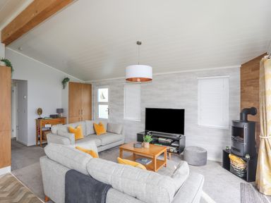 A living room with two sofas a wooden coffee table a television and a wood stove at Fairview Lodge in Pwllheli