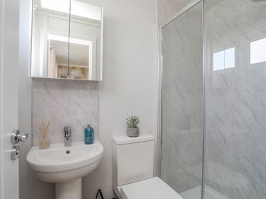 A bathroom with a sink, toilet with a small plant on the cistern, and a glass-enclosed shower at Fairview Lodge in Pwllheli