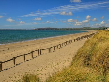 A sandy beach with wooden posts and grassy dunes near the shoreline at Fairview Lodge in Pwllheli