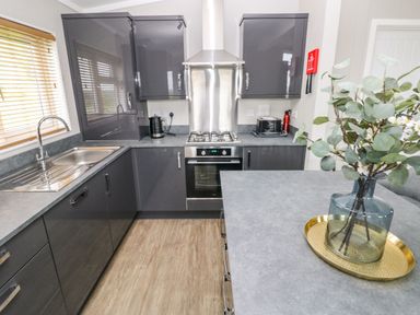 A kitchen with grey cabinets a stainless steel sink oven and stove and a vase with flowers on the counter at Driftwood Lodge in Hasguard Cross near Broad Haven